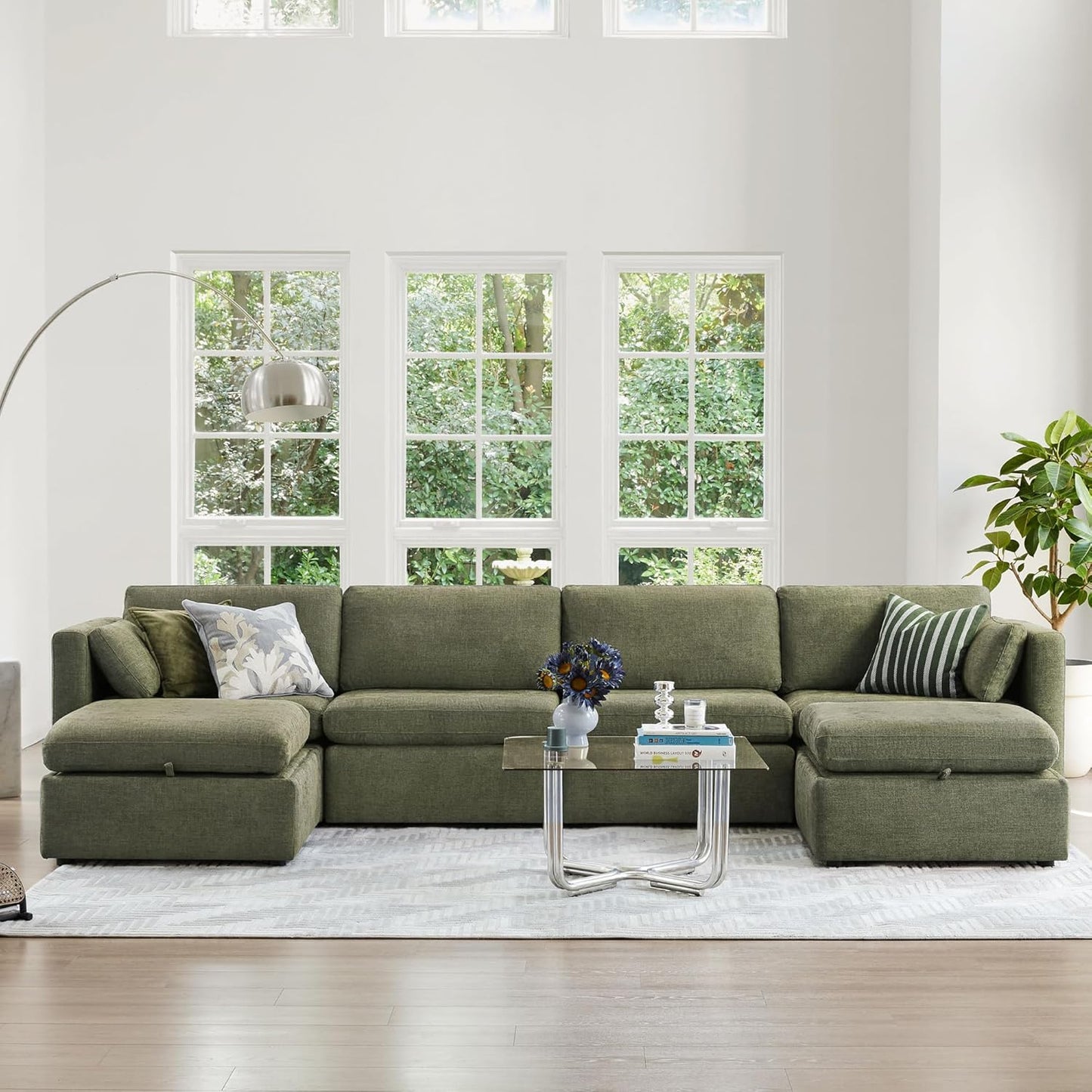 CHITA Oversized Modular Sectional Sofa, FSC Certified U Shaped Couch with Reversible Chaise Modular Sectional Couch,146 inch Width, 6 Seat Modular Sofa with Storage Ottomans, Moss Green