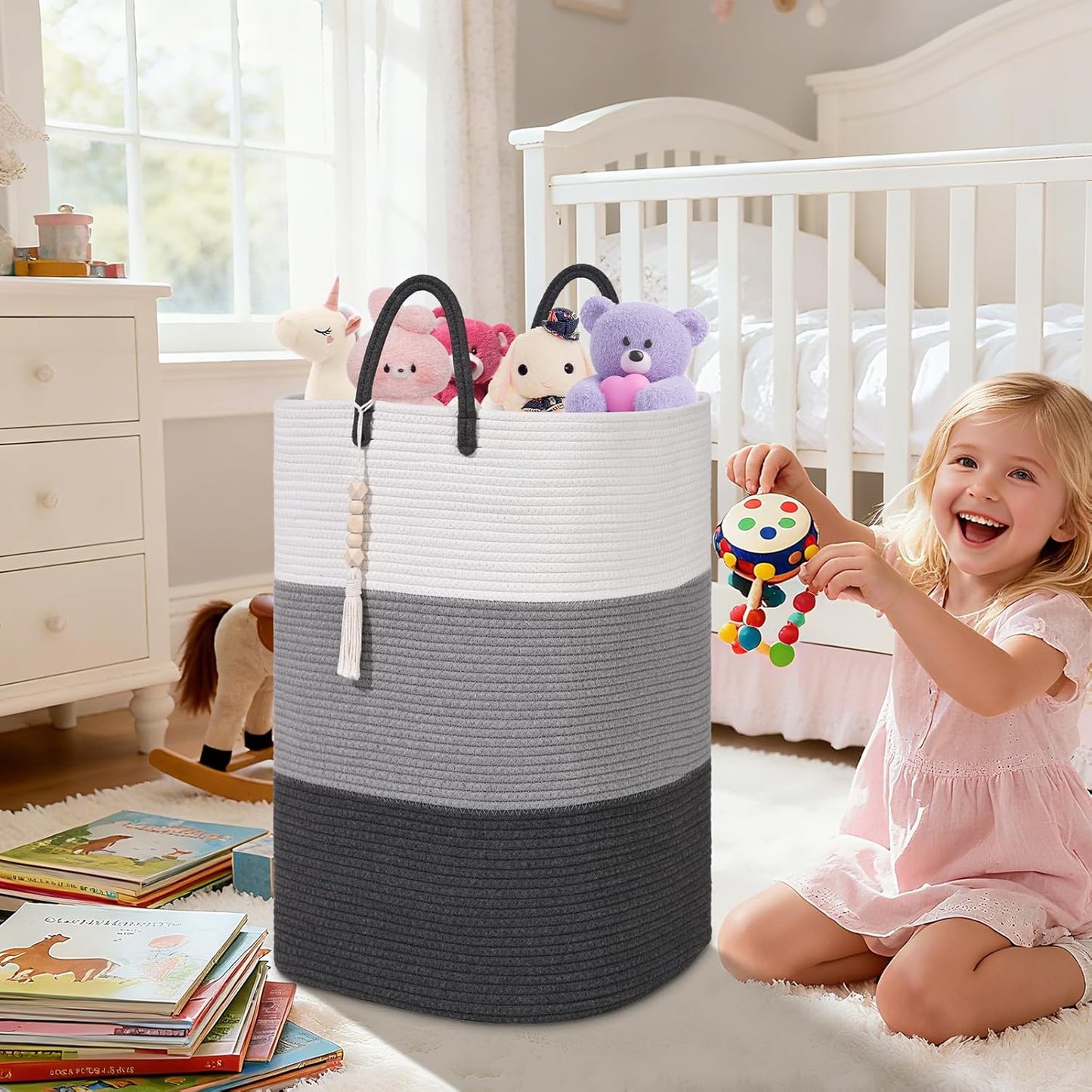 Woven Laundry Basket for Clothes,100 L Large Rectangle Laundry Hampers with Beads Tassel, Nursery Storage Basket for Toys, Tall Dirty Clothes Hamper for Bedroom Aesthetic, Laundry Room Organization