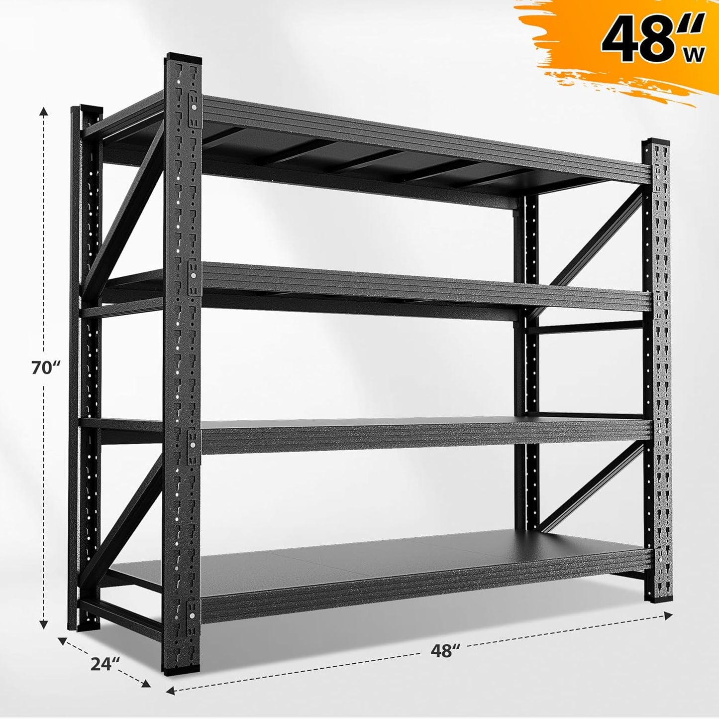 3000LBS Storage Shelves, 48" W Heavy Duty Garage Shelving Unit, Adjustable Industrial Shelving, 4 Tier Metal Shelving for Garage, Supermarket, Warehouse, 48" W x 24" D x 70" H
