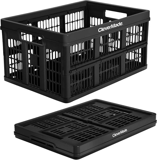CleverMade Collapsible Utility Crates-Obsidian 1pck 45L / 11 Gal holds 66 lbs - Stackable Containers Heavy Duty Capacity Crates - Space-Saving Baskets