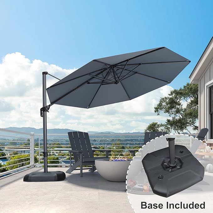 PURPLE LEAF 11 Feet Patio Umbrella with Base Outdoor Cantilever Round Umbrella Aluminum Offset Umbrella with 360-degree Rotation for Garden Deck Pool Patio Light Grey