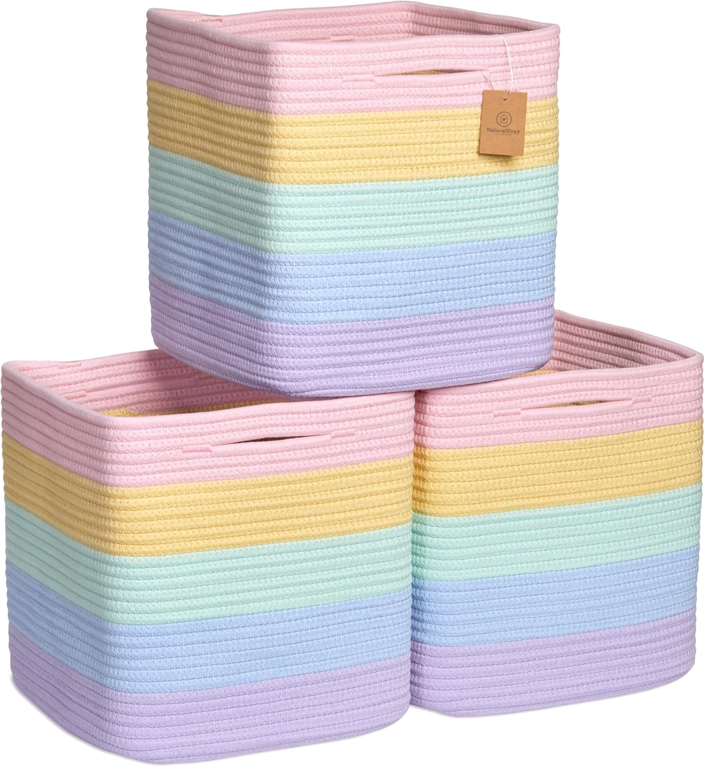 NaturalCozy Storage Cubes 11 Inch Cotton Rope Woven Baskets for Organizing, 3-Pack | Cube Storage Bin | Square Storage Baskets for Shelves Organizer, Classroom, Kids Toy Bins, Closet, Baby Nursery