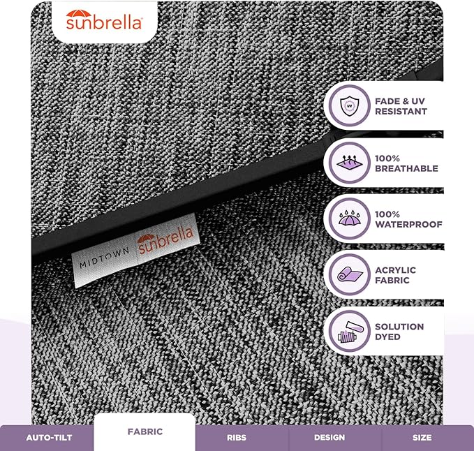 Midtown Umbrellas Sunbrella Umbrella 9 Feet Outdoor Umbrella With Cast Slate Acrylic Fabric - Auto-Tilt Aluminum Frame Patio Umbrella For Backyard, Deck, Garden, Pool - Black Pole