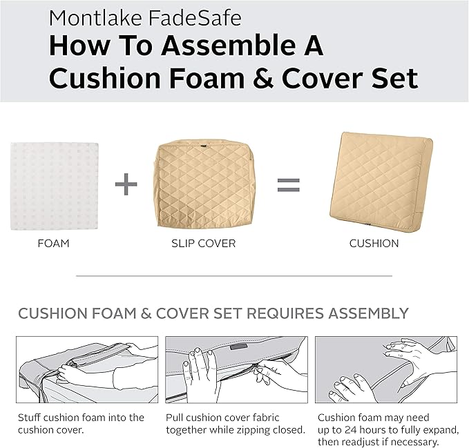 Classic Accessories Montlake FadeSafe Water-Resistant 25 x 22 x 4 Inch Wide Back Patio Quilted Lounge Cushion, Chamomile