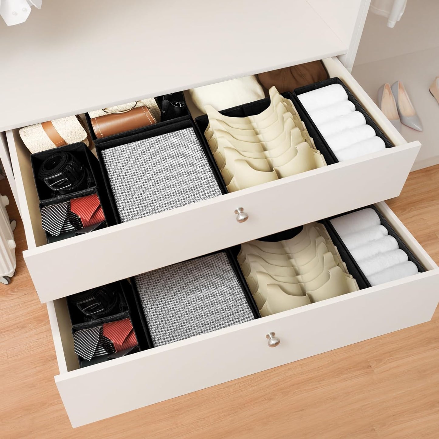 Cupic Cupid Drawer Organizer, Dresser Organizers, Foldabe Drawer Organizer Clothes, Closet Organization and Storage Dividers for Socks, Underwear and Diaper, Set of 12, Black