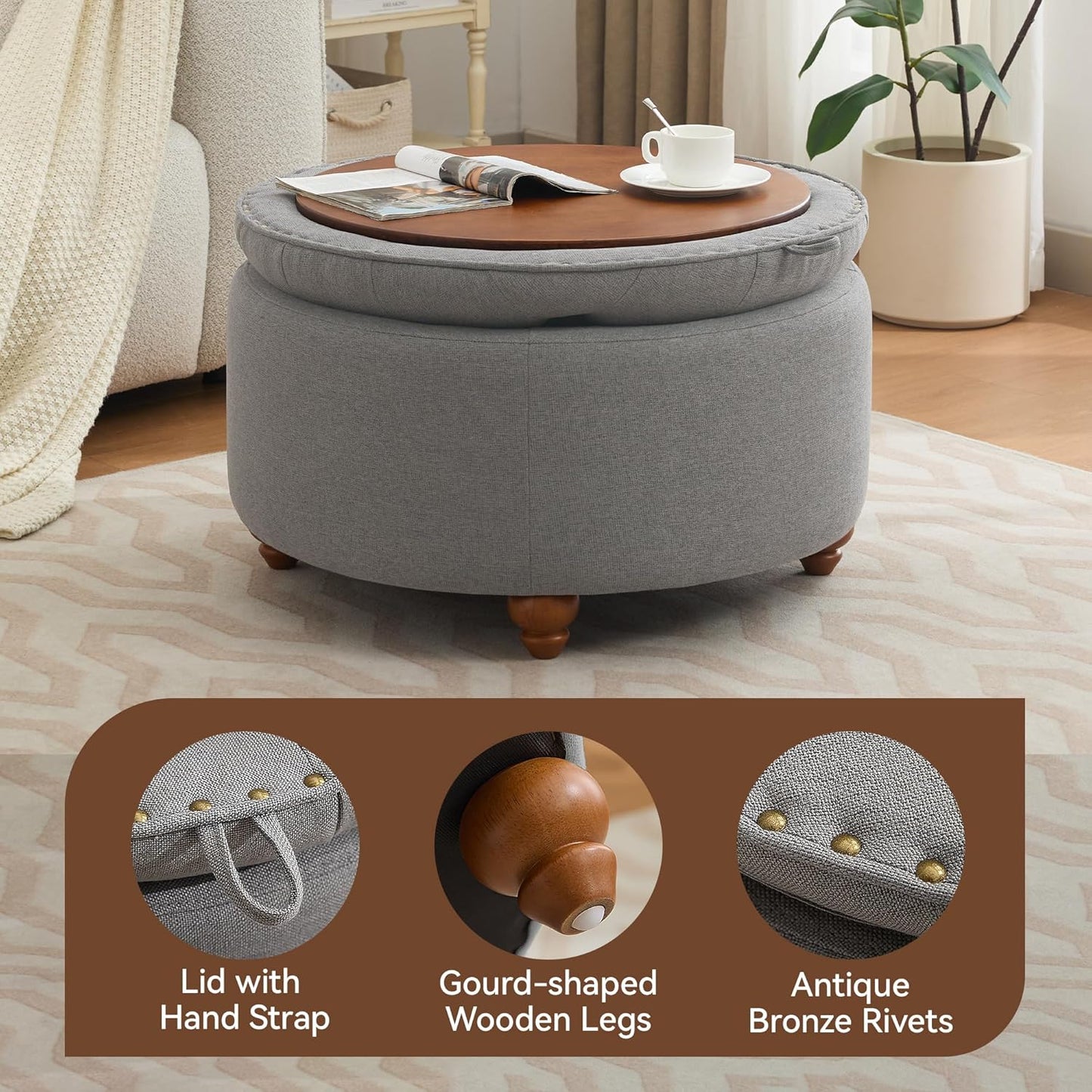 30Inch Round Storage Ottoman with Tray, Modern Tufted Fabric Circle Coffee Table with Storage, Upholstered Ottoman with Removable Top for Living Room, Bedroom, Light Grey