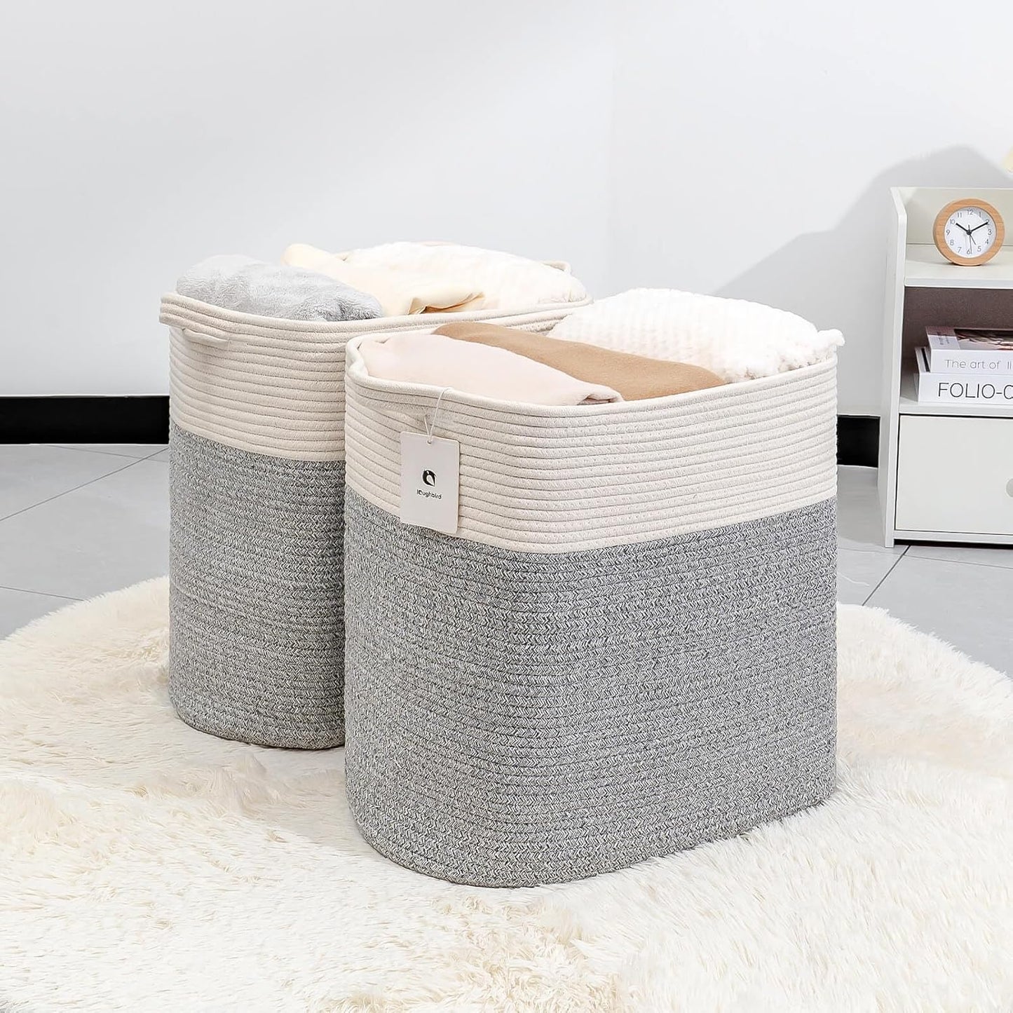 Storage Baskets for Clothes Fabric Cotton Rope Storage Basket with Handles, Decorative Woven Basket for Living Room,Closet Organizer Blankets, and 2bags (Silver Gray, L14×W11×H14)
