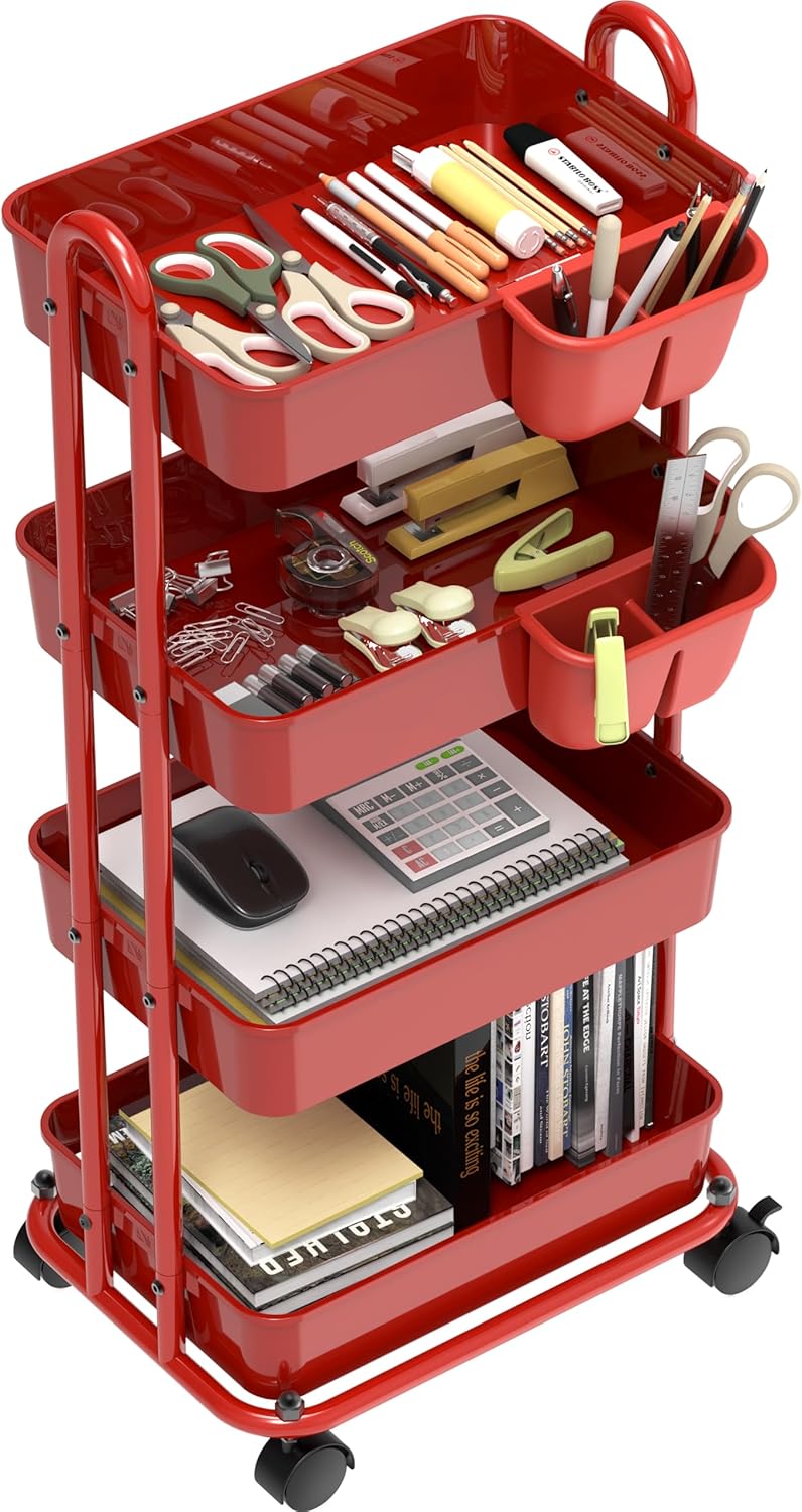 Simple Houseware 4-Tier Multifunctional Rolling Utility Cart with Hanging Buckets, Red