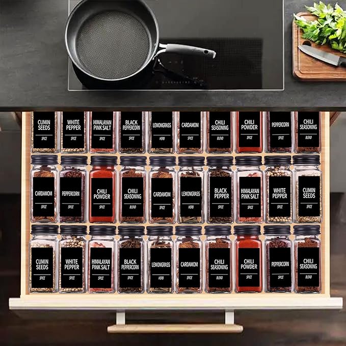 Churboro 48 Spice Jars with 547 Labels- Glass Spice Jars with Black Metal Caps, 4oz Empty Spice Containers with Shaker Lids, Funnel, Chalk Pen, Square Seasoning Bottles for Spice Rack, Drawer, Cabinet