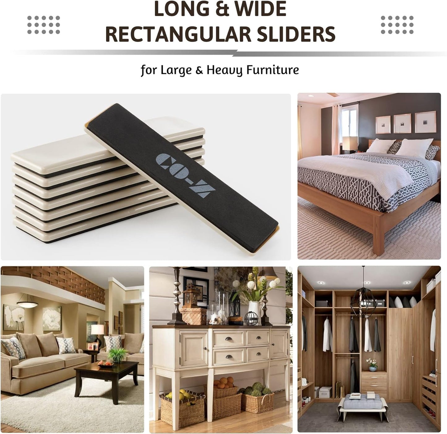 CO-Z Large Furniture Sliders - 8 Pack, 2 1/2" x 9" Rectangle Reusable Furniture Sliders for Carpet, Heavy-Duty Furniture Gliders Movers for Hardwood Floors, Plastic Moving Pads for Heavy Furniture