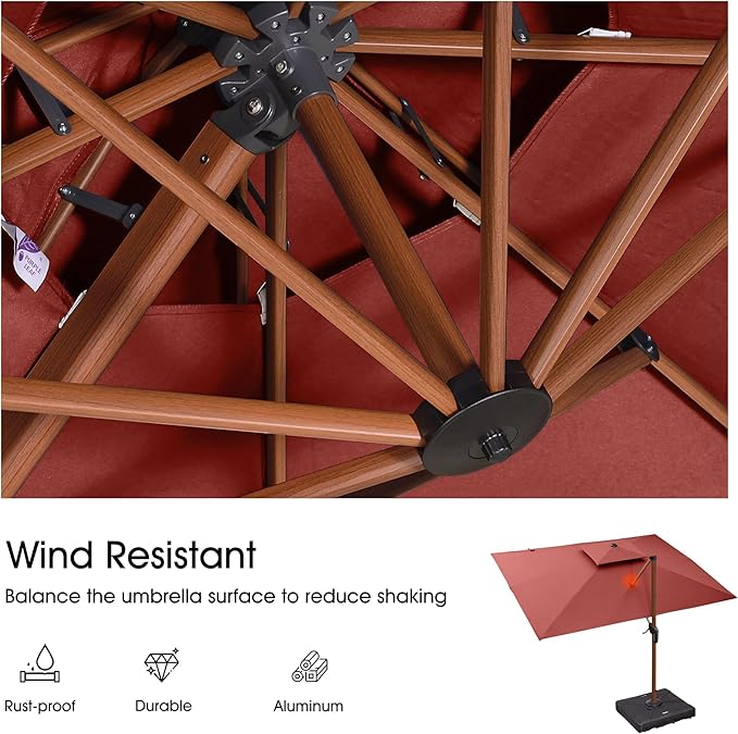 PURPLE LEAF 9' X 12' Double Top Deluxe Wood Pattern Rectangle Patio Umbrella with Base Offset Hanging Umbrella Outdoor Market Umbrella Garden Umbrella, Brick Red