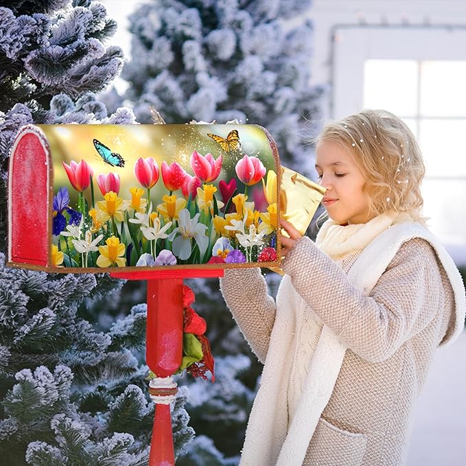 Spring Flowers Mailbox Covers Magnetic Large Size 25.5''x21'' Floral Butterfly Letter Box Wrap Spring Summer Seasonal Waterproof Post Letter Box Wrap Decor for Home Outdoor Garden Yard
