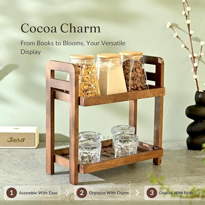 Premium Cocoa Kitchen Wooden Organizer 2-Tiered Serving Stand| Display Snacks, Fruits & Desserts | Kitchen & Dining Organizer in Mahogany Finish (Self Assembly)