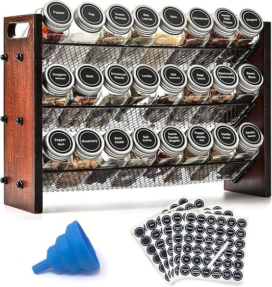 Spice Rack Organizer for Cabinet, Spice Organizer with 24 Empty Spice Jars, 180 Spice Labels, Wooden Spice Jar Organizer, Seasoning Organizer for Cabinet Kitchen, Pantry, Countertop or Wall Mount