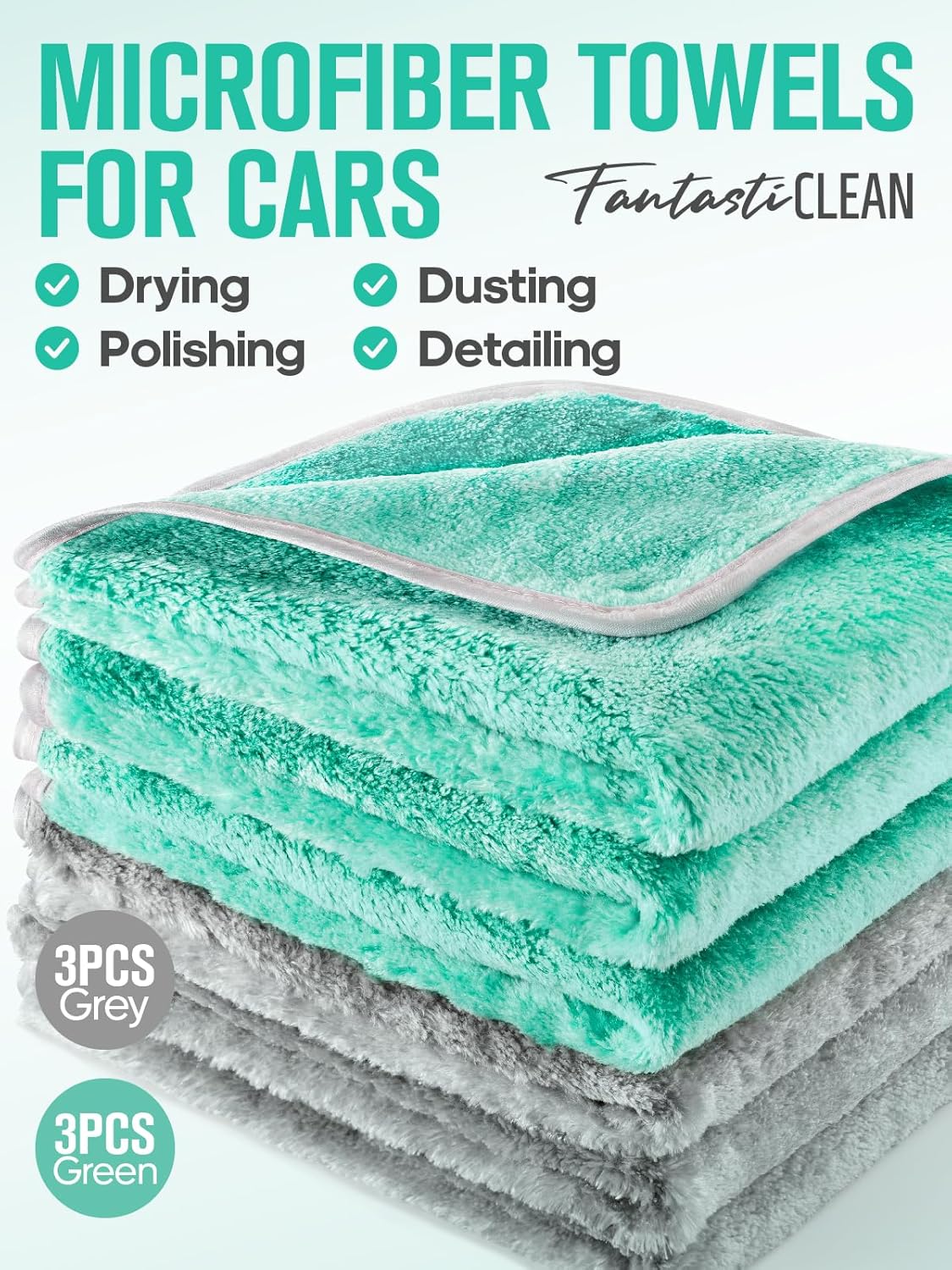 Fantasticlean Microfiber Car Detailing Towels, Car Drying Towel with Edge, Plush, Coral Fleece, 700GSM, 16" x 16", 6 Pack, Scratch-Free, Ultra Absorbent, Car RV Boat Home Cleaning (Grey and Green)