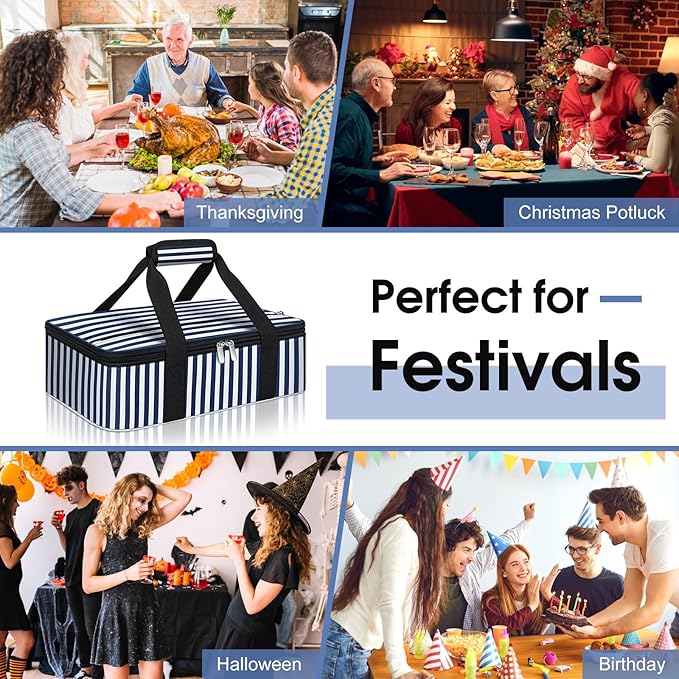 Insulated Casserole Carrier, Portable Casserole Carrier for Hot or Cold Food Lunch Tote Warmer or Cooler Bag, Lasagna Lunch Bag for Potluck Parties- Fits 9" x 13" Baking Dish-Blue Stripes