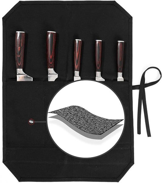 Kaaltisy Chef Knife Roll Bag, Knife Bag with 5 Slots, Specialized Cut-Resistant Fabric Lining, Heavy Duty 16oz Waxed Canvas Knife Roll Case | Black | 21" L x 15.5" W