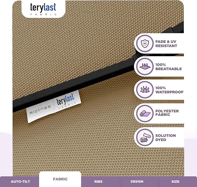 Midtown Umbrellas 10-Year-No-Fade - 8 Ft - UV Proof Beige Polyester Fabric - Umbrella Outdoor Patio, Auto-Tilt Aluminum Frame Patio Umbrella for Garden, Pool & Deck - Black Pole