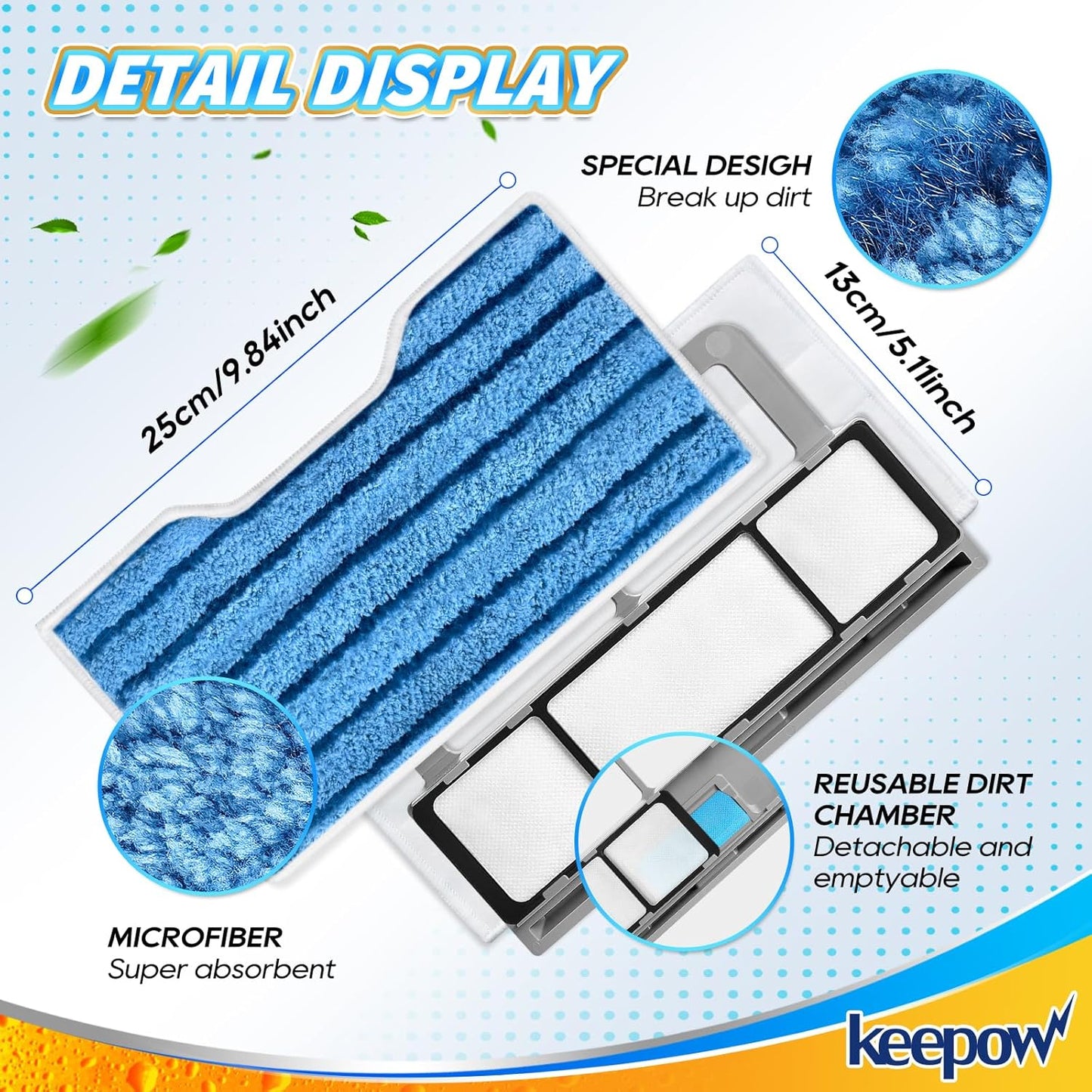 KEEPOW Reusable Mop Pads Refills, Replacement Pads Compatible with Shark Vac Mop VM252 VM200 VC205 VM250 /QM250 VM190 VM200P12, Hardwood Floor Mop Pad, Blue 1+2+3 Pads
