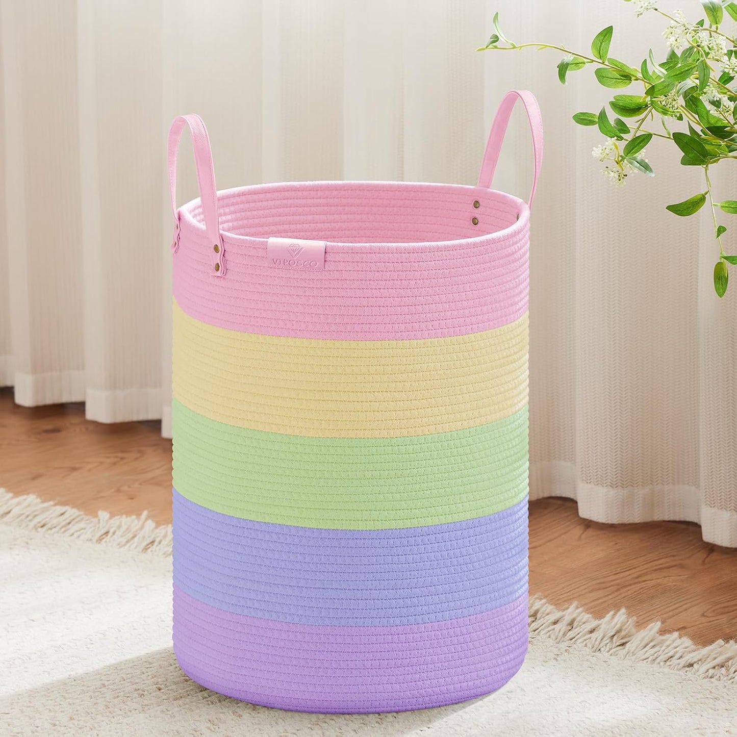 VIPOSCO Tall Laundry Basket, Large Dirty Clothes Hamper with Leather Handle, Woven Rope Storage Basket for Blanket, Toy In Living Room, Bathroom, Bedroom - 58L Rainbow