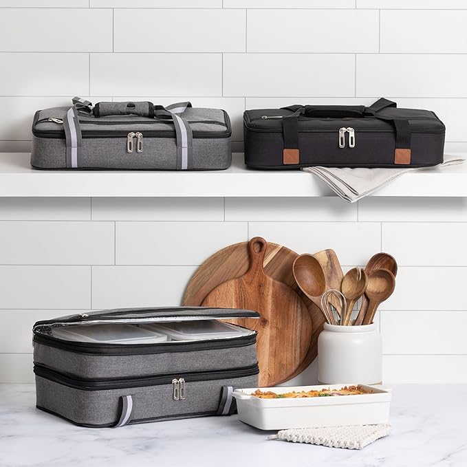 Stack Store Plus More Gray Insulated Casserole Carrier for Hot or Cold Food, Lasagna Holder for Picnic, Potluck, Cookout – Fits 9”x13” or 11”x15” Baking Dish – Thermal Tote