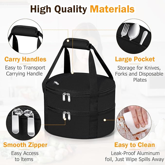 Round Double Insulated Casserole Carrier, Pie Carrier Bag, Portable Casserole Carrier for Hot or Cold Food Lunch Tote, Lunch Bag for Parties Picnic, Fits 12.5" Baking Dish, Black