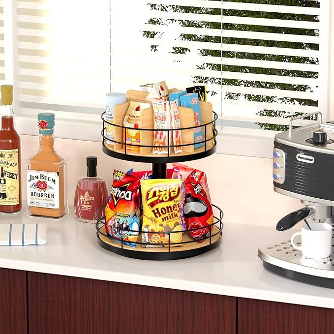 Snack Organizer - Versatile Snack Storage 2 Tier Lazy Susan with Convenient Grab-and-Go Design, Wood and Metal Snack Holder for Home, Office, Breakroom, 12.13" L x 12.13" W x 12.56" H
