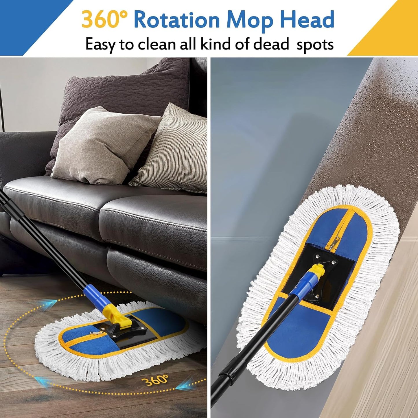 16 Inch Commercial Dust Mop for Floor Cleaning - Industrial Wet Dry Broom with 2 Washable Mops Pads for Hardwood Vinyl Laminate Floors Warehouse Courtyard Cleaning,Blue