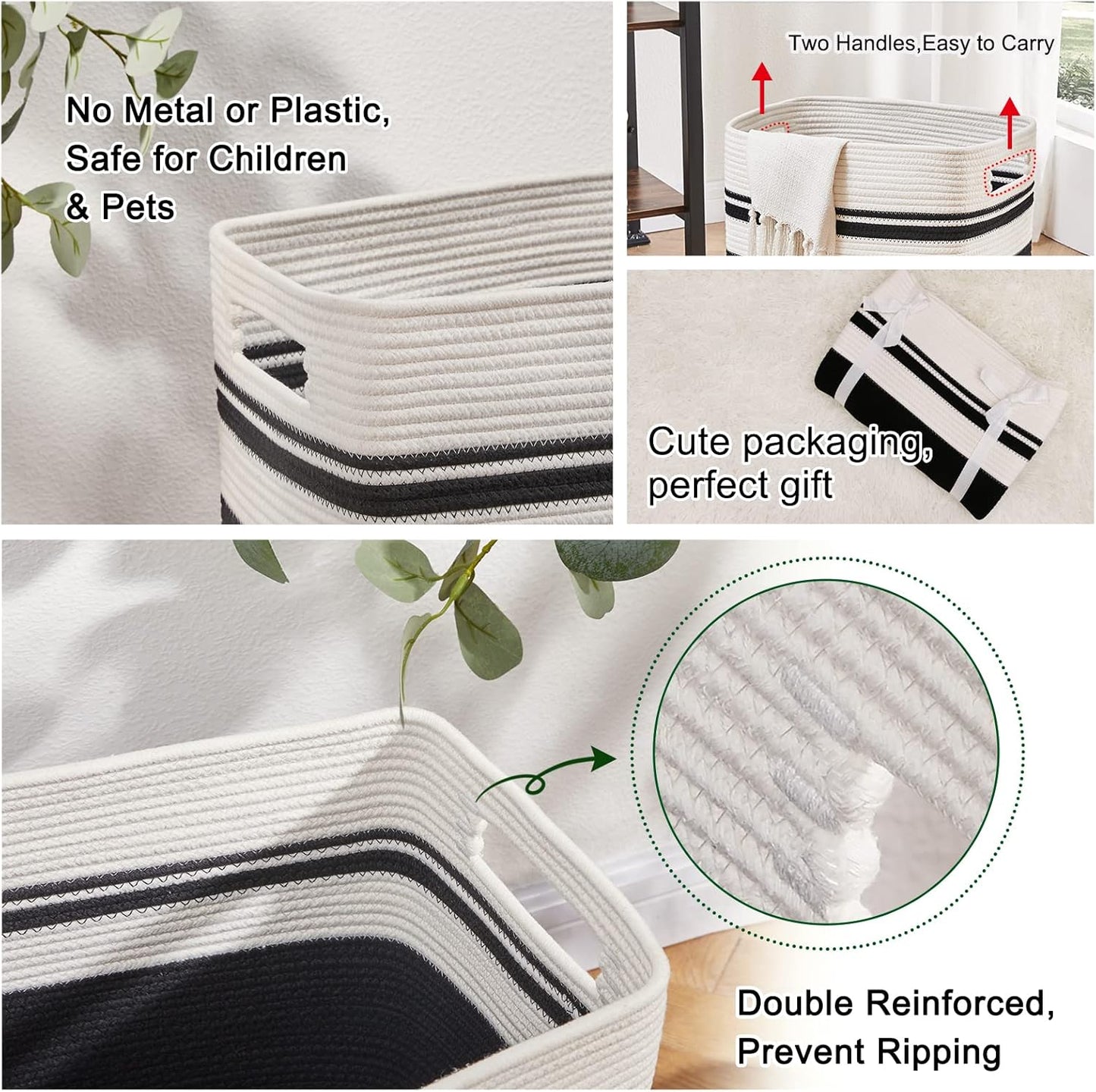 OIAHOMY Laundry Hamper-Laundry Basket,Tall Cotton Storage Basket with Handles,Decorative Blanket Basket for Living room,Collapsible Large Basket for Toys,Pillows,Clothes Organizer-16x13x22in-Black