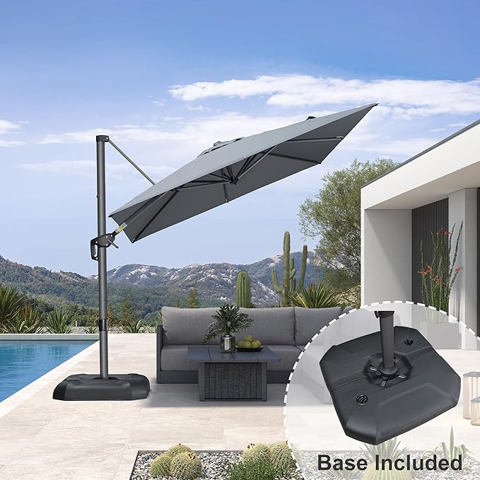 PURPLE LEAF 8 Feet Square Cantilever Umbrella Patio Umbrella with Base Outdoor Umbrella Aluminum Offset with 360-degree Rotation for Garden Deck Pool Patio Light Grey