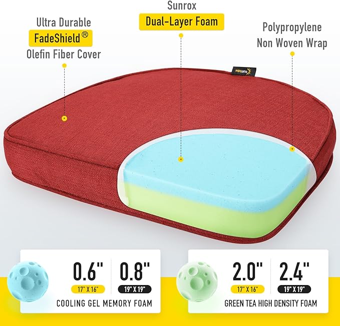 SUNROX Gel Memory Foam Chair Cushions, FadeShield Water-, Stain-Resistant Durable Reversible Seat Cushion Pads with Ties for Indoor/Outdoor Kitchen Dining Office 17"x16" Set of 2, Burgundy