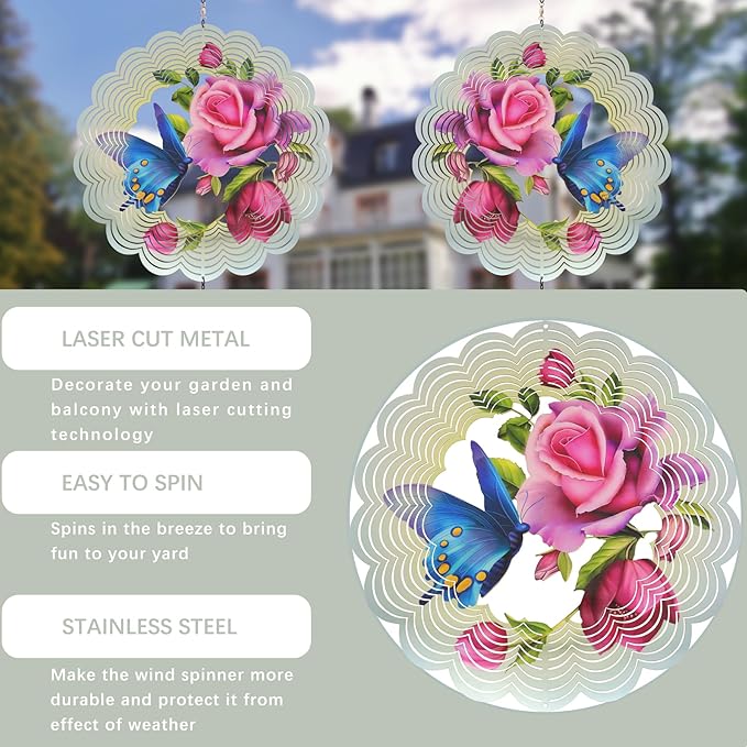 Butterfly Metal Wind Spinners - Gifts for Women Mom Grandma Wife, Hanging Wind Spinner for Outdoor & Indoor Decorations, 12 inch Wide, 21 inch Long, Wind Spinner for Christmas Ornament Gifts
