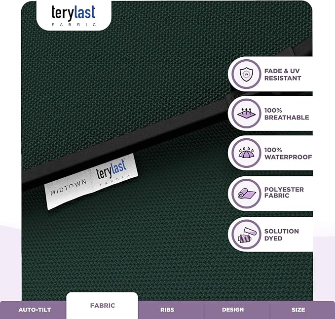 Midtown Umbrellas 10-Year-No-Fade - 8 Ft - UV Proof Forest Green Polyester Fabric - Umbrella Outdoor Patio, Auto-Tilt Aluminum Frame Patio Umbrella for Garden, Pool & Deck - Black Pole