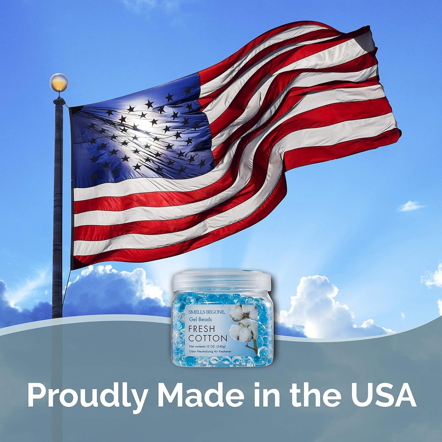 SMELLS BEGONE Odor Eliminator Gel Beads - Air Freshener - Eliminates Odor in Bathrooms, Cars, Boats, RVs & Pet Areas - Made with Essential Oils - Fresh Cotton Scent - 12 Ounce