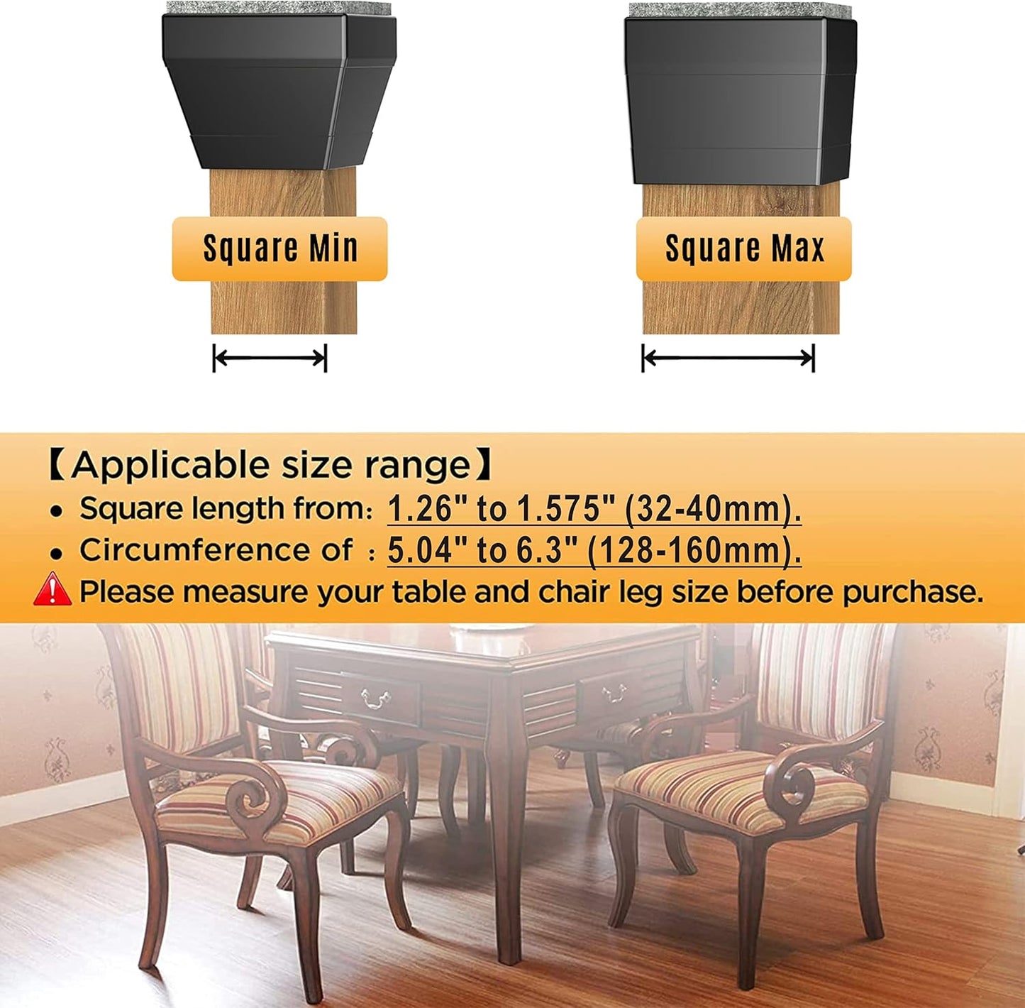 CHWM Square Chair Leg Protectors for Hardwood, 16Pcs Silicone Chair Legs Caps to Prevent Floor from Scratches and Reduce Noise, Easy to Move,(1.5 Inch Black).