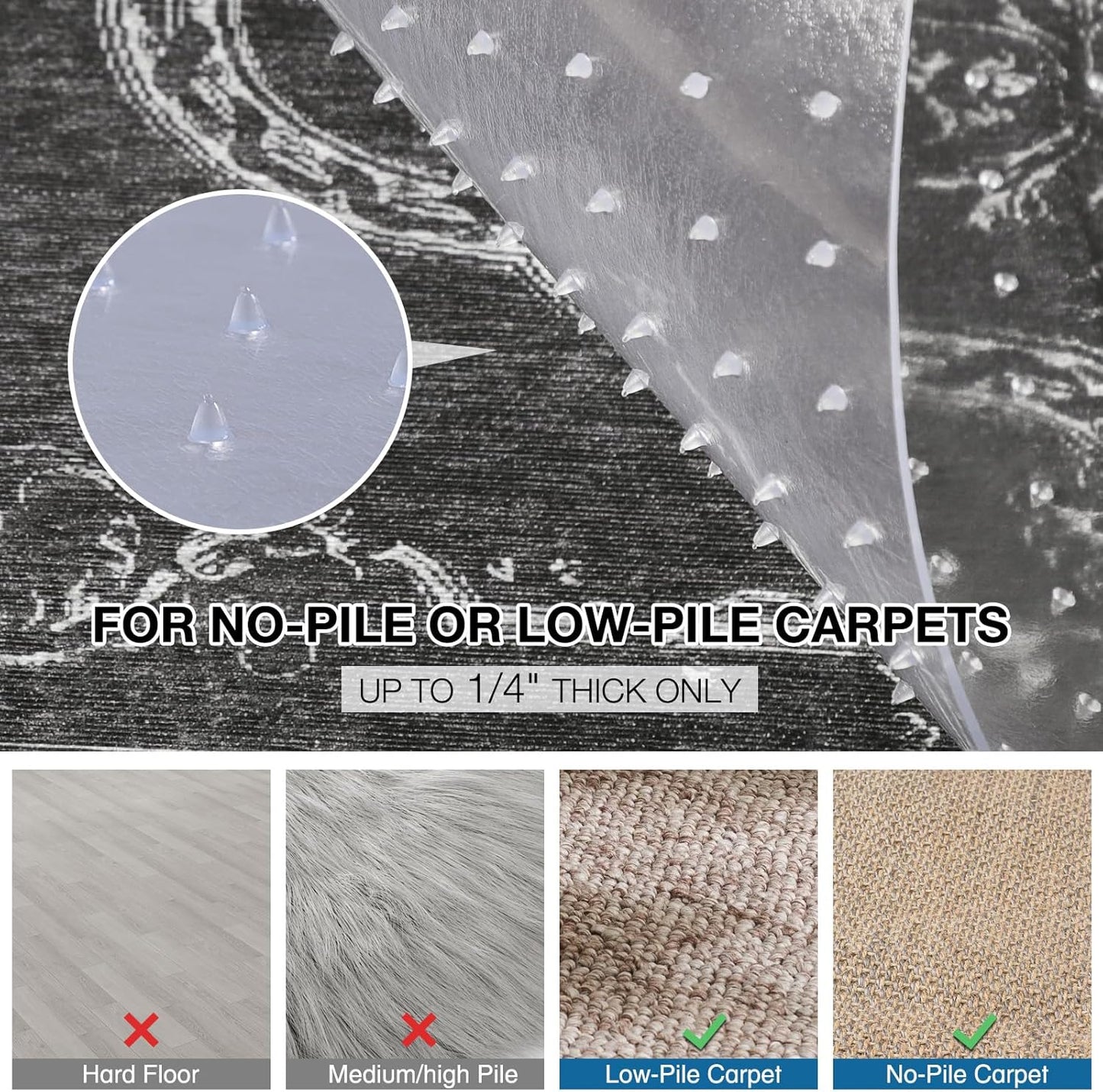 Chair Mat for Carpet, 46" x 60" Desk Chair Mat for Carpeted Floors, Non-Slip Office Vinyl Mat for Carpet with Studded, Easy Glide Heavy Duty Floor Protector Mat for Home Office, Clear