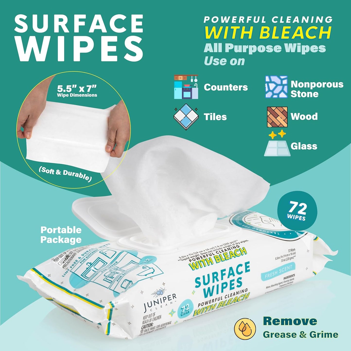 24 Pack Surface Cleaning Wipes with Bleach, All-Purpose Cleaner for Bathroom, Kitchen, Office, 1728 Count Soft Flow, Fresh Scent, Lint Free & Durable