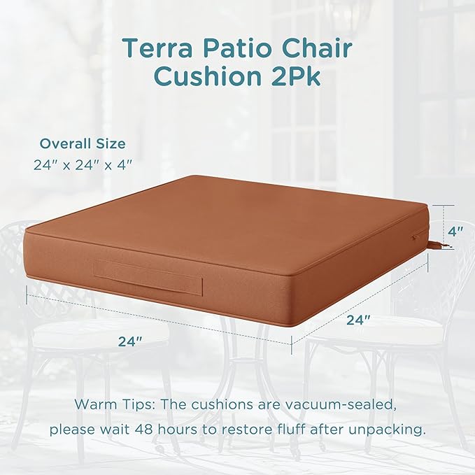 Codi Outdoor Cushions for Patio Furniture 24x24 Inch, Waterproof Chair Seat Cushion with Handles & Adjustable Straps, Fade Resistant - Set of 2, Spice