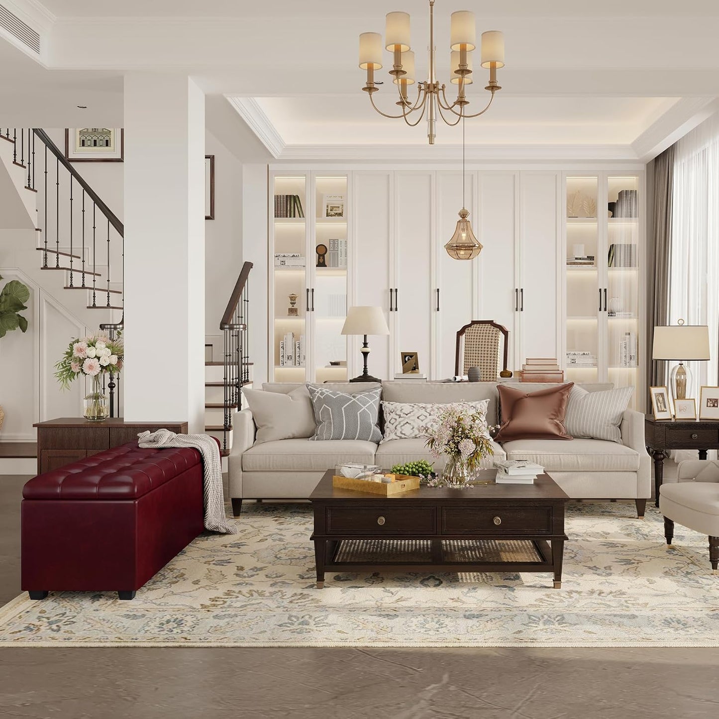 38 Inches long Wine red Ottoman Bench with Storage, footstool Furniture End of Bed storage benches,Faux leather Ottomans with Storage and Seat for Foot rest in Bedroom, Living Room, Entryway