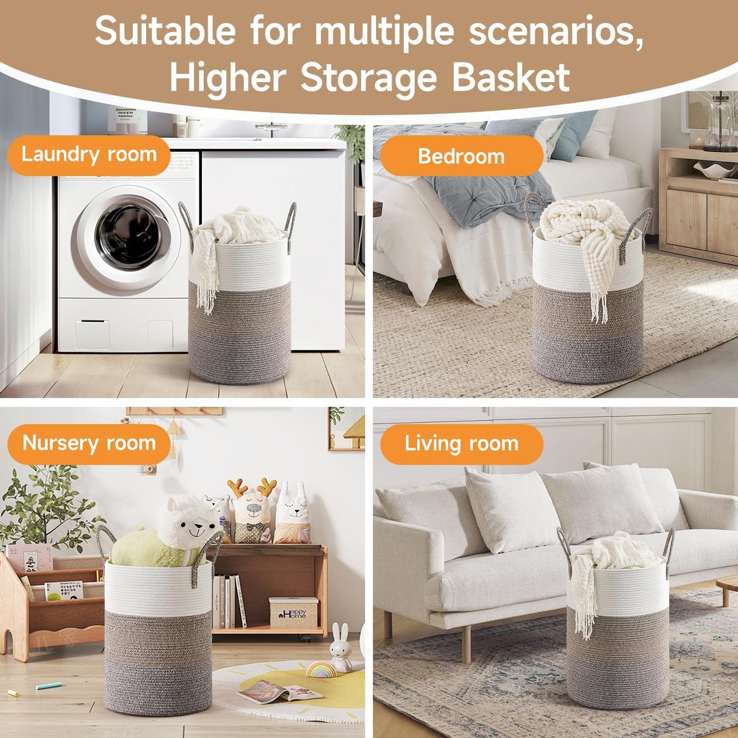 CLHMILY&Z 60L Laundry Basket Round Storage Rope Basket - 15x20.5 Inches - Laundry Hamper in Bedreoom and Mutil Storage Bin for Blankets, Toys, and Nursery Essentials