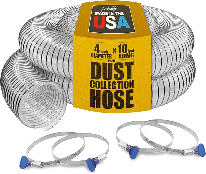 PVC Dust Collection Hose w/4 Thumbscrew Clamps, Puncture Resistant, Carbon Steel Wire, Clear Flexible PVC Dust Collector Hose, Proudly Made in USA (4" x 10')