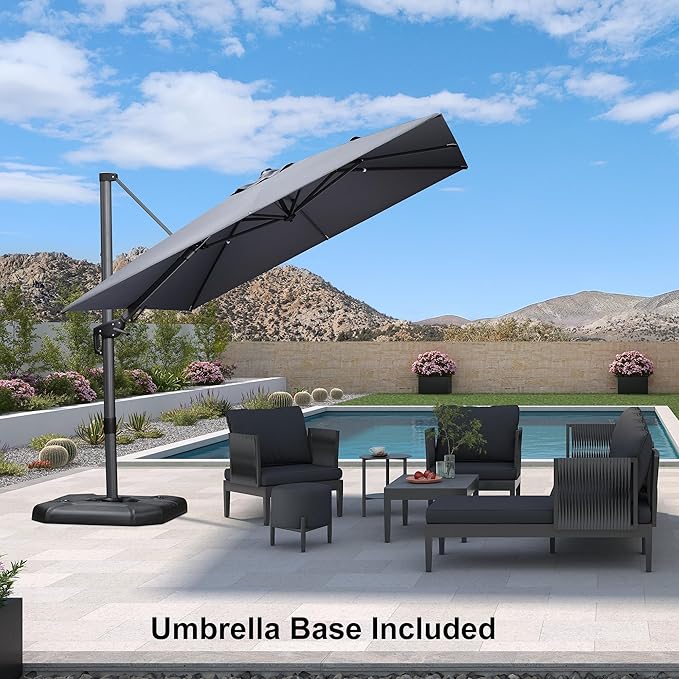 PURPLE LEAF 9' X 12' Right-left Tilt Patio Umbrella with Base Outdoor Cantilever Swivel Rectangle Umbrella Offset Umbrella with 360-degree Rotation for Garden Deck Pool Patio Light Grey