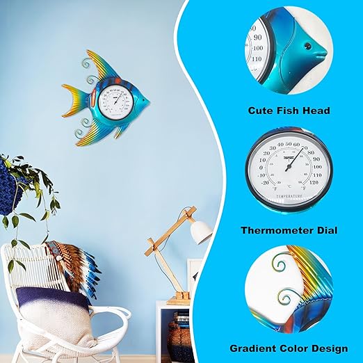 Fish-Shape Wall Thermometer, 11-Inch Battery-Free Temperature Gauge, Vintage Nautical Decor for Indoor & Outdoor Use, Auto-Calibrates in 3 Hours