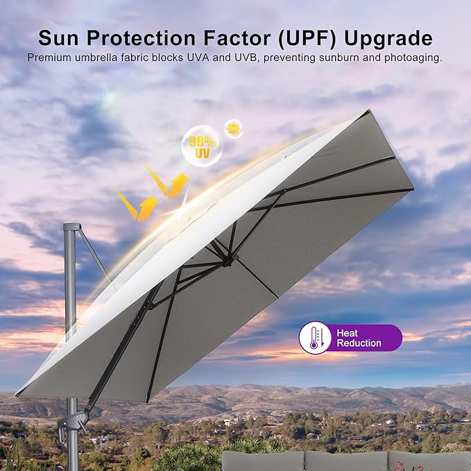 PURPLE LEAF 10 FT Cantilever Patio Umbrella Outdoor Aluminum Offset Square Umbrella with 3 Years Fade Resistance Recycled Fabric and 360-degree Rotation for Deck Pool Garden, Pebble Grey