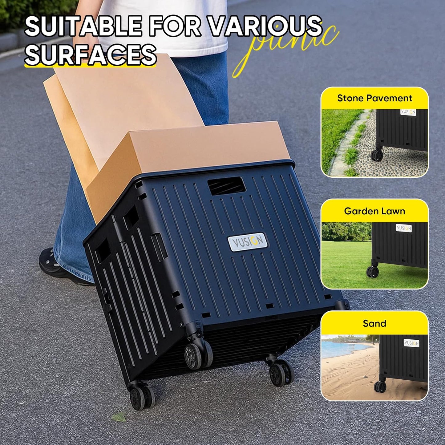 VUSIGN Folding Utility Cart, Foldable Rolling Crate Handcart with Lid, Portable Collapsible Shopping Trolley Tool Box, 4 Rotate Wheels for Grocery, Office, Travel, Teacher, Luggage, Black