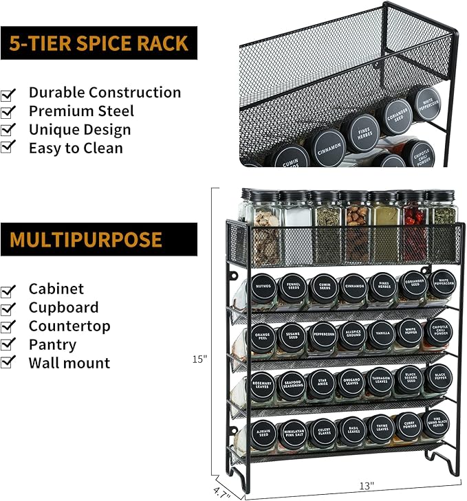 Spice Rack Organizer with 28 Spice Jars, Black Lids，Spice Labels, Chalk pen and Funnel Set for Cabinet, Countertop, Pantry, Cupboard or Wall Mount
