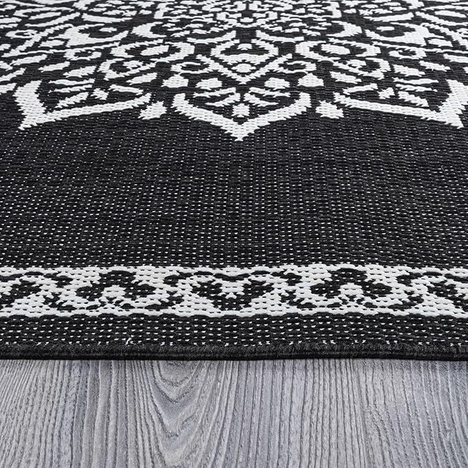 CAMILSON Outdoor Rug, 9x12 Medallion Black White Modern Area Rugs for Large Indoor and Outdoor Patios, Kitchen and Hallway Mats, Washable Porch Deck Outside Carpet (Medallion Black, 9 x 12)