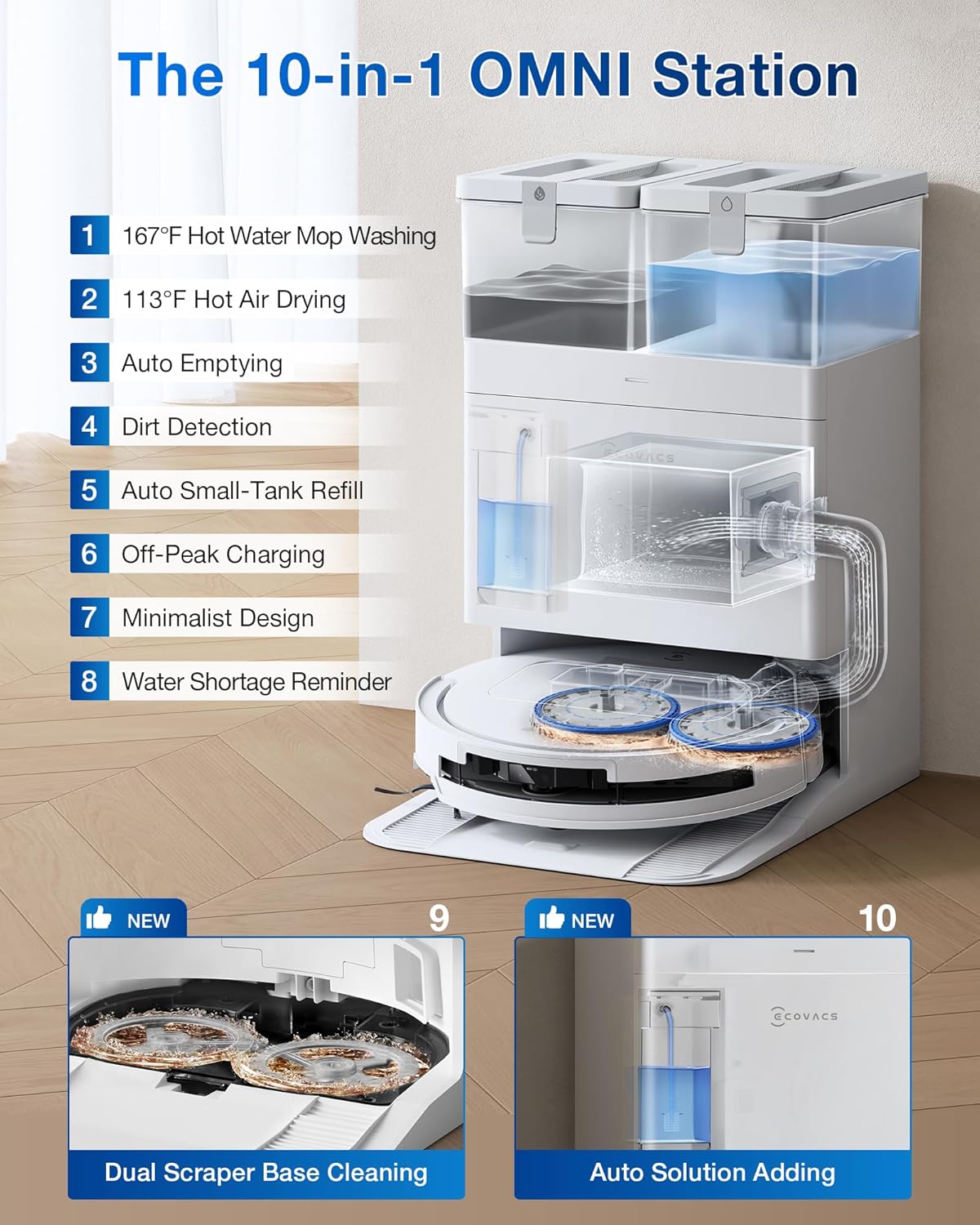 ECOVACS DEEBOT T50 PRO Omni Robot Vacuum and Mop, 3.19” Ultra-Slim, 15,000Pa Suction, ZeroTangle 2.0, TruEdge Edge Cleaning, AIVI 3D Obstacle Avoidance, Auto Mop Wash & Dry, Self-Emptying,White