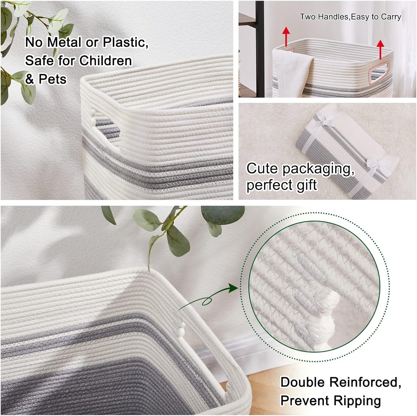 OIAHOMY 91L Laundry Hamper, XXXLarge Laundry Basket, Collapsible Cotton Rope Basket,Woven Storage Basket for Blankets,Clothes,Pillows-16x15x24-Grey