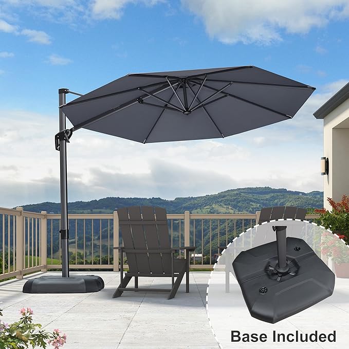 PURPLE LEAF 10 Feet Patio Umbrella with Base Outdoor Cantilever Round Umbrella Aluminum Offset Umbrella with 360-degree Rotation for Garden Deck Pool Patio Light Grey